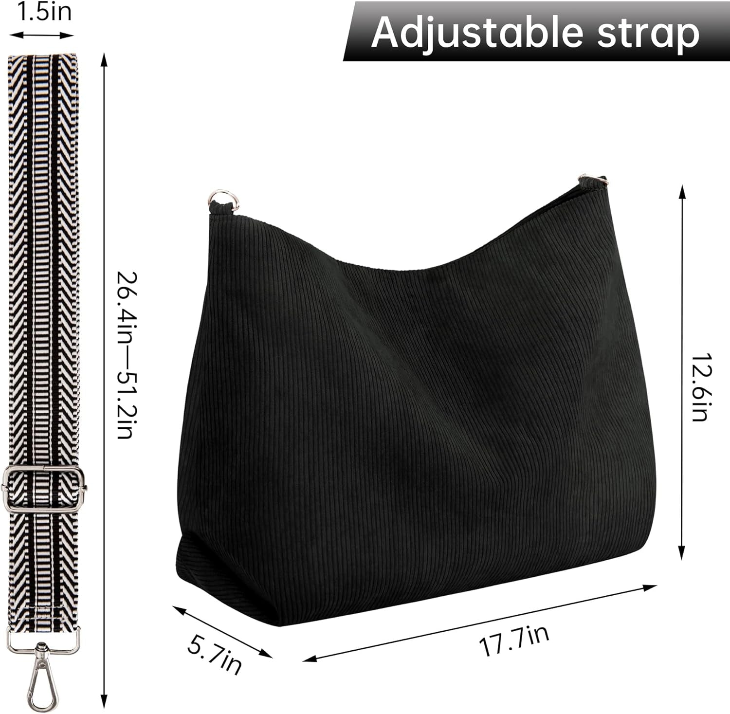 Corduroy Tote Bag for Women with Zipper, Large Capacity Shoulder Bags with Adjustable Strap and Pockets Waterproof Handbag for Work School Shopping Travel College