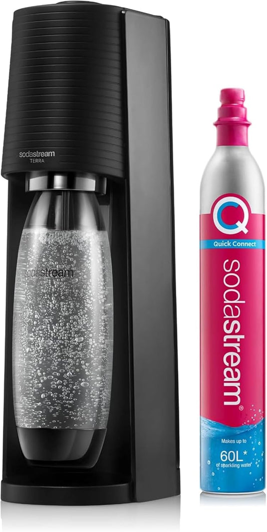 - Terra Sparkling Water Maker, Quick Connect CO2 System, Includes 60L Gas Cylinder, Bpa-Free 1L Bottle, Eco-Friendly & Reduces Plastic Waste, Black