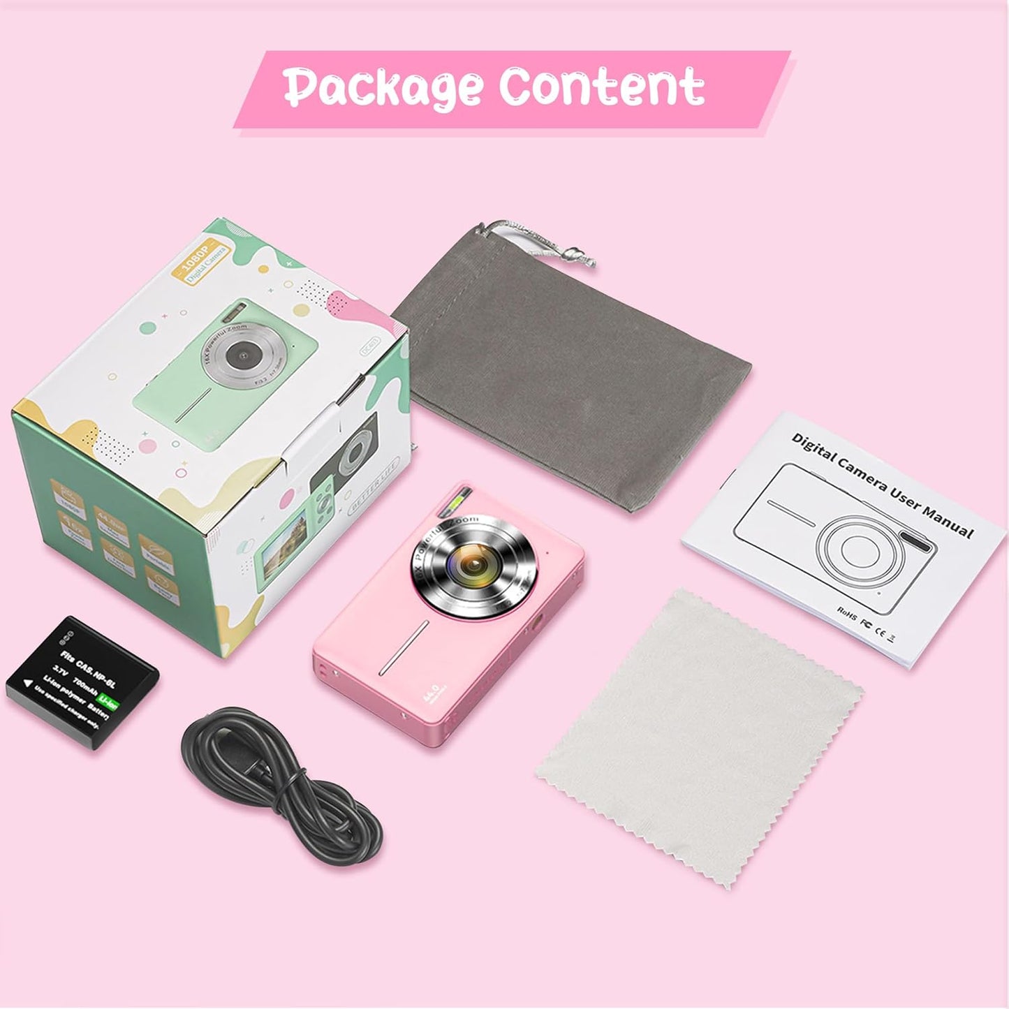 Digital Camera 1080P 44MP Vlogging Camera for Kids Teens, FHD Compact Portable Photo Camera with 2.4" Screen 16X Zoom, Anti-Shake Mini Camera for Beginners Students Boys Girls-Pink（No SD Card)