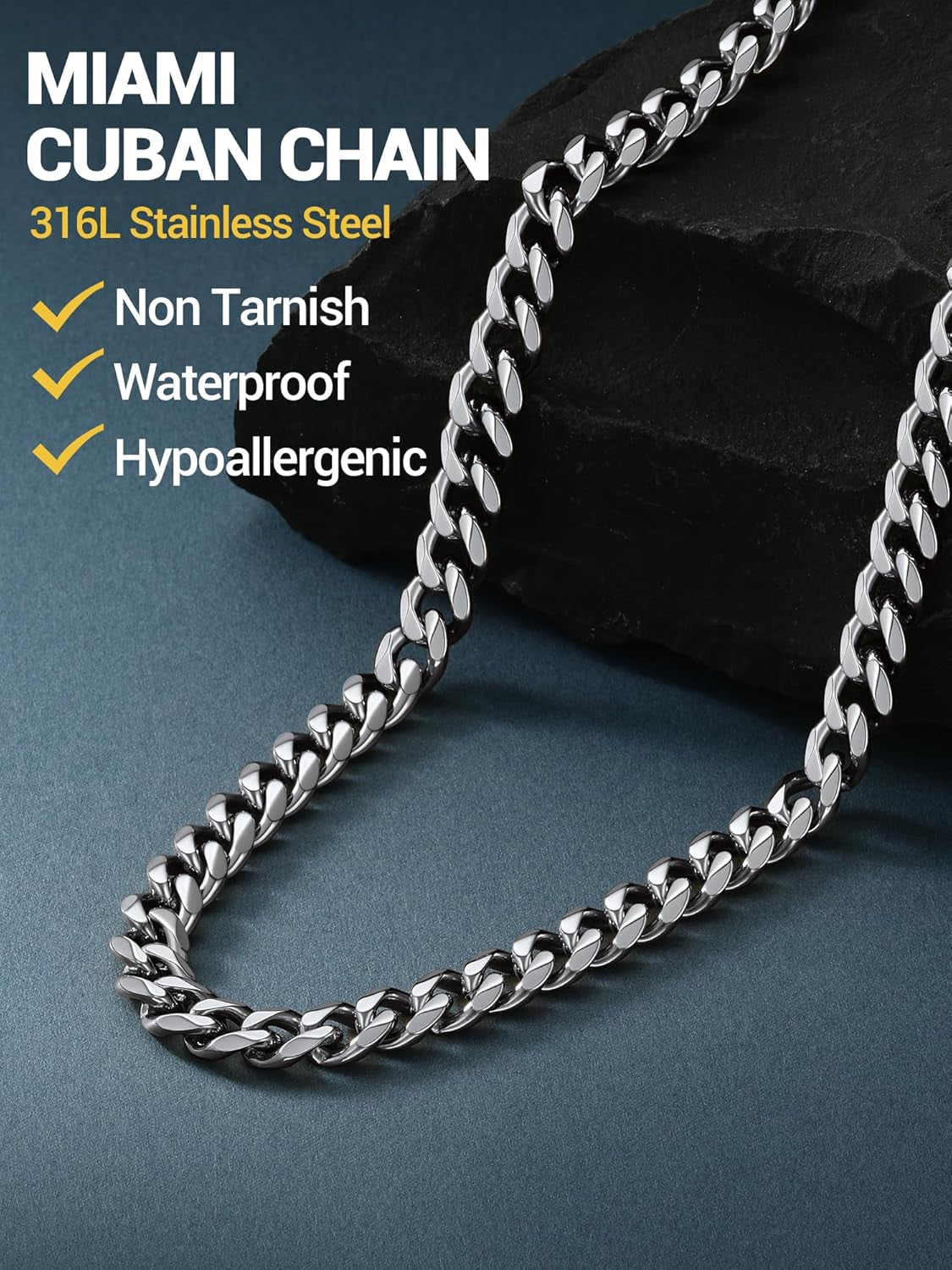 Men Cuban Chain Necklace with Sturdy Clasp 6/9/12Mm Width 18-30 Inch Length Chunky Necklace Silver/Gold Plated/Black 316L Stainless Steel Hip Hop Jewellery (Send Box)