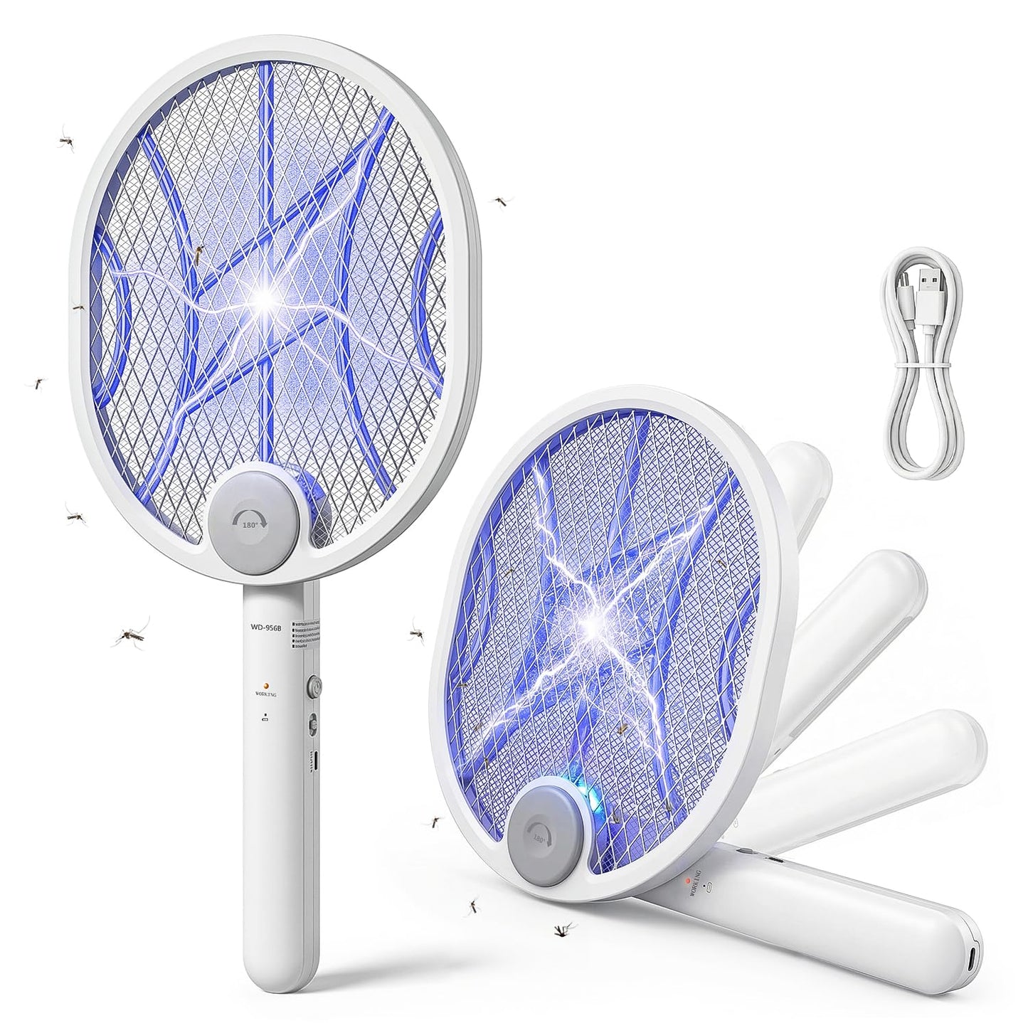 Electric Fly Swatter,4000V Electric Mosquito Swatter with 180-Degree Rotatable Head,Rechargeable 1500Mah Battery Fly Zapper, Portable Insect Killer for Home, Camping & Outdoor, Fly Zapper （White）