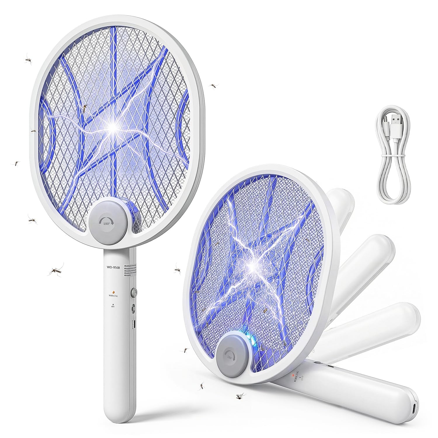 Electric Fly Swatter,4000V Electric Mosquito Swatter with 180-Degree Rotatable Head,Rechargeable 1500Mah Battery Fly Zapper, Portable Insect Killer for Home, Camping & Outdoor, Fly Zapper （White）
