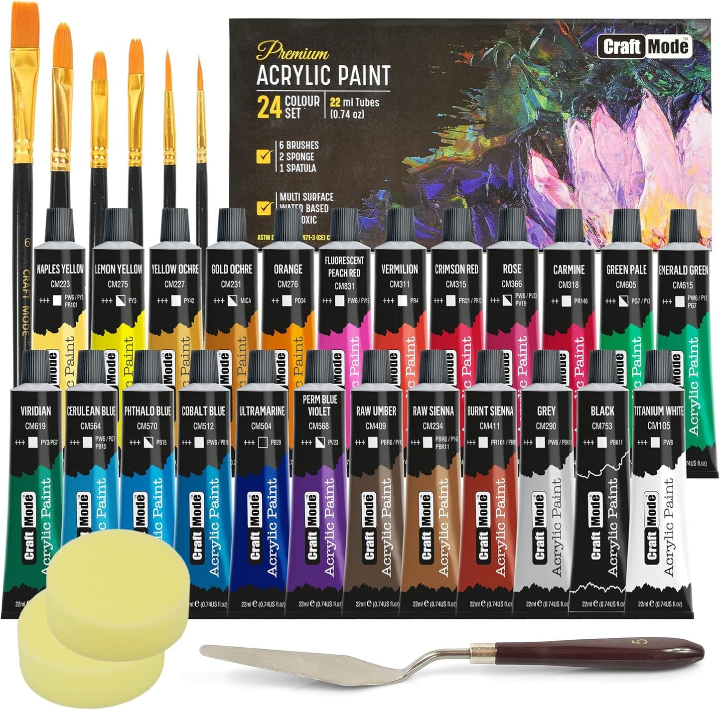 Acrylic Paint Set 24 22Ml Perfect for Canvas, Wood, Ceramic, Rock, Fabric & Crafts. Non-Toxic, Quick Dry Vibrant Colours. Beginners, Students and Professionals