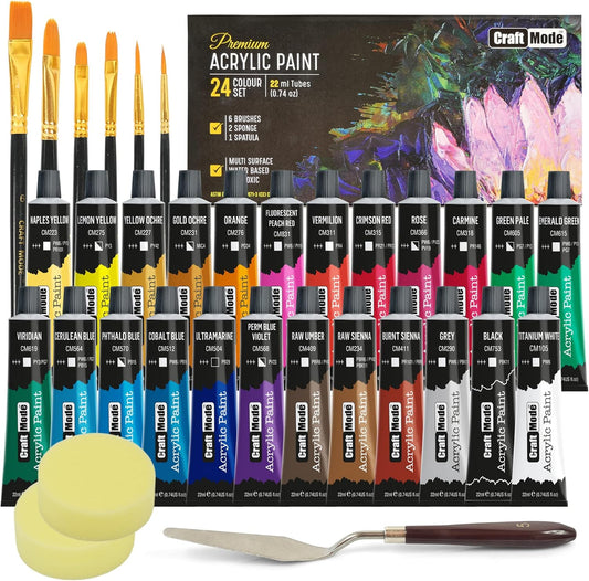 Acrylic Paint Set 24 22Ml Perfect for Canvas, Wood, Ceramic, Rock, Fabric & Crafts. Non-Toxic, Quick Dry Vibrant Colours. Beginners, Students and Professionals