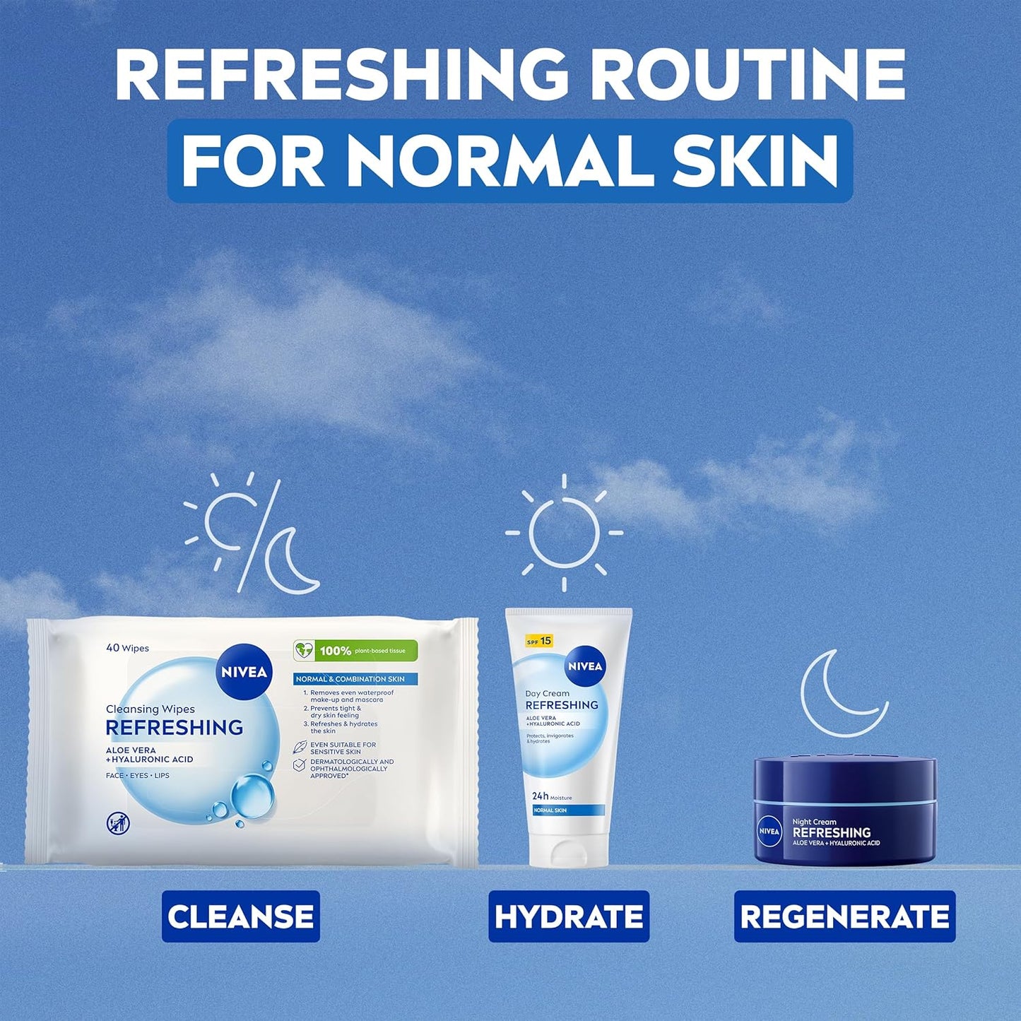 Refreshing 3-In-1 Cleansing Face Wipes for Normal Skin (25 Sheets), Plant-Based Makeup Wipes, Gentle yet Effective Face Cleanser with Aloe Vera and Hyaluronic Acid