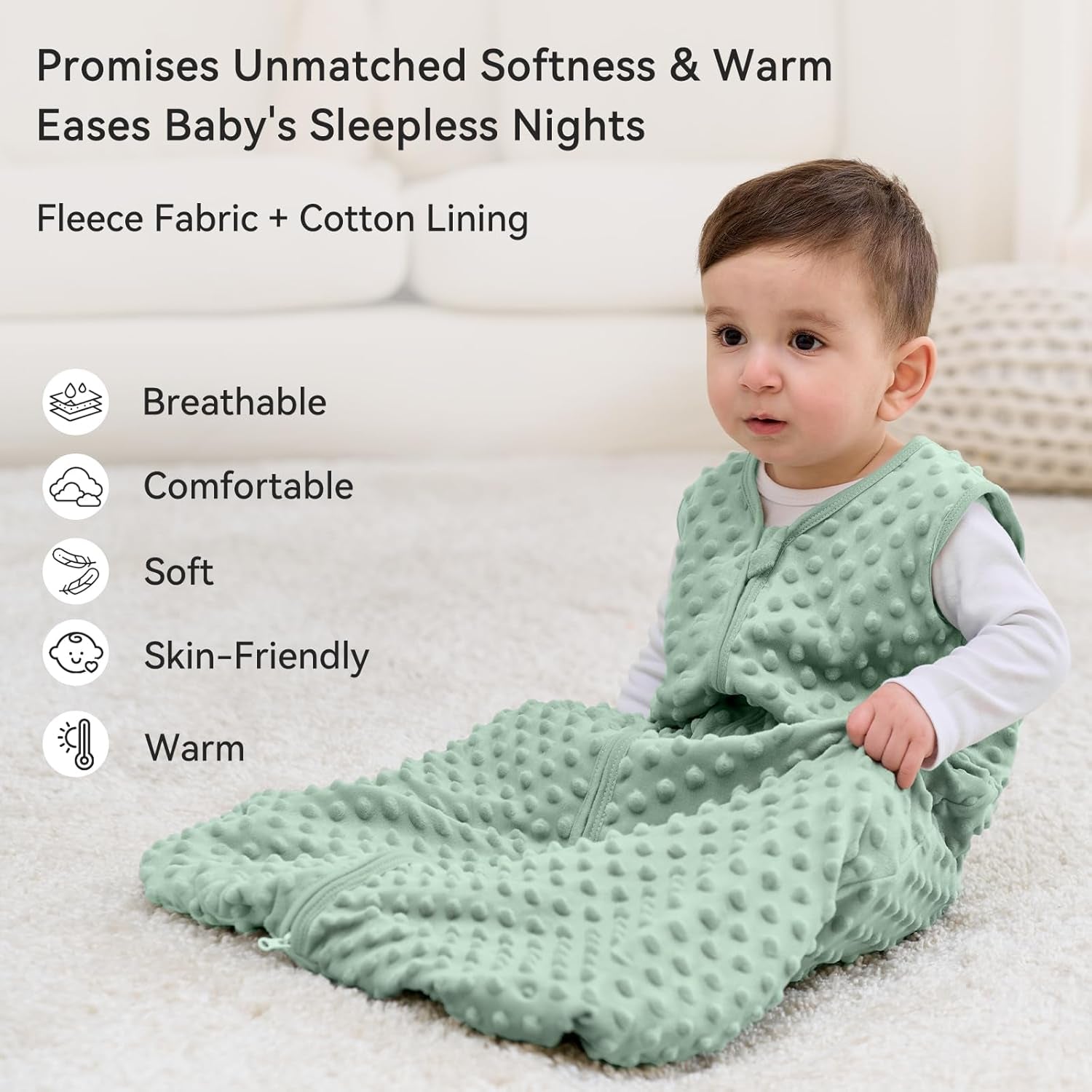 Baby Sleeping Bag 1.5 Tog with Plush Dots Sleep Bag 2 Pack Baby Sleep Sack Wearable Blanket for Infant Toddler 12-18 Months Forest Green