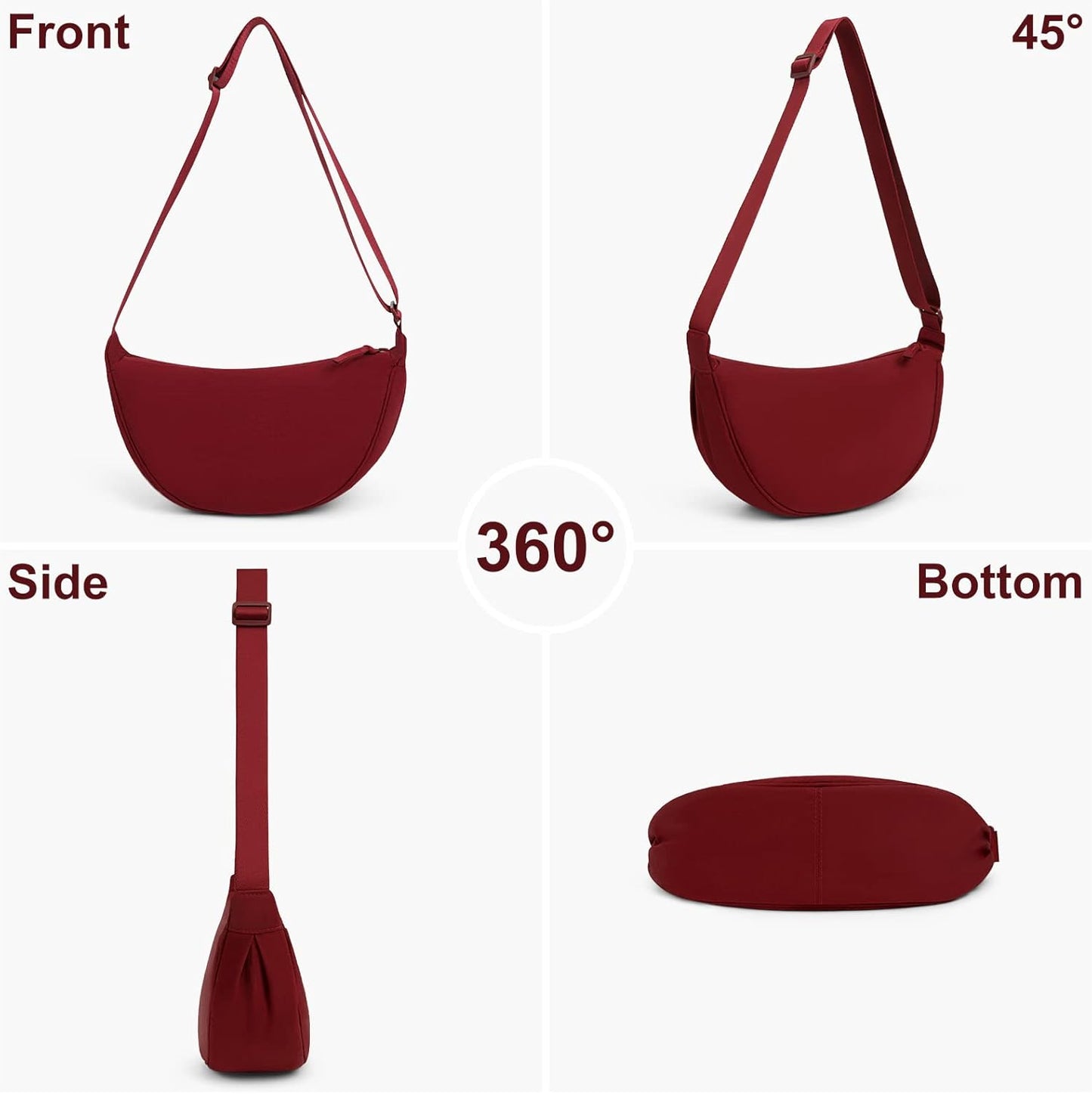 Crescent Bag for Women Men, Nylon Crescent Bags Hobos Crossbody Bag Portable Crescent Purse with Adjustable Strap Solid Color Chest Bag Shoulder Bag Fanny Packs, A07-Wine Red, 31Cm