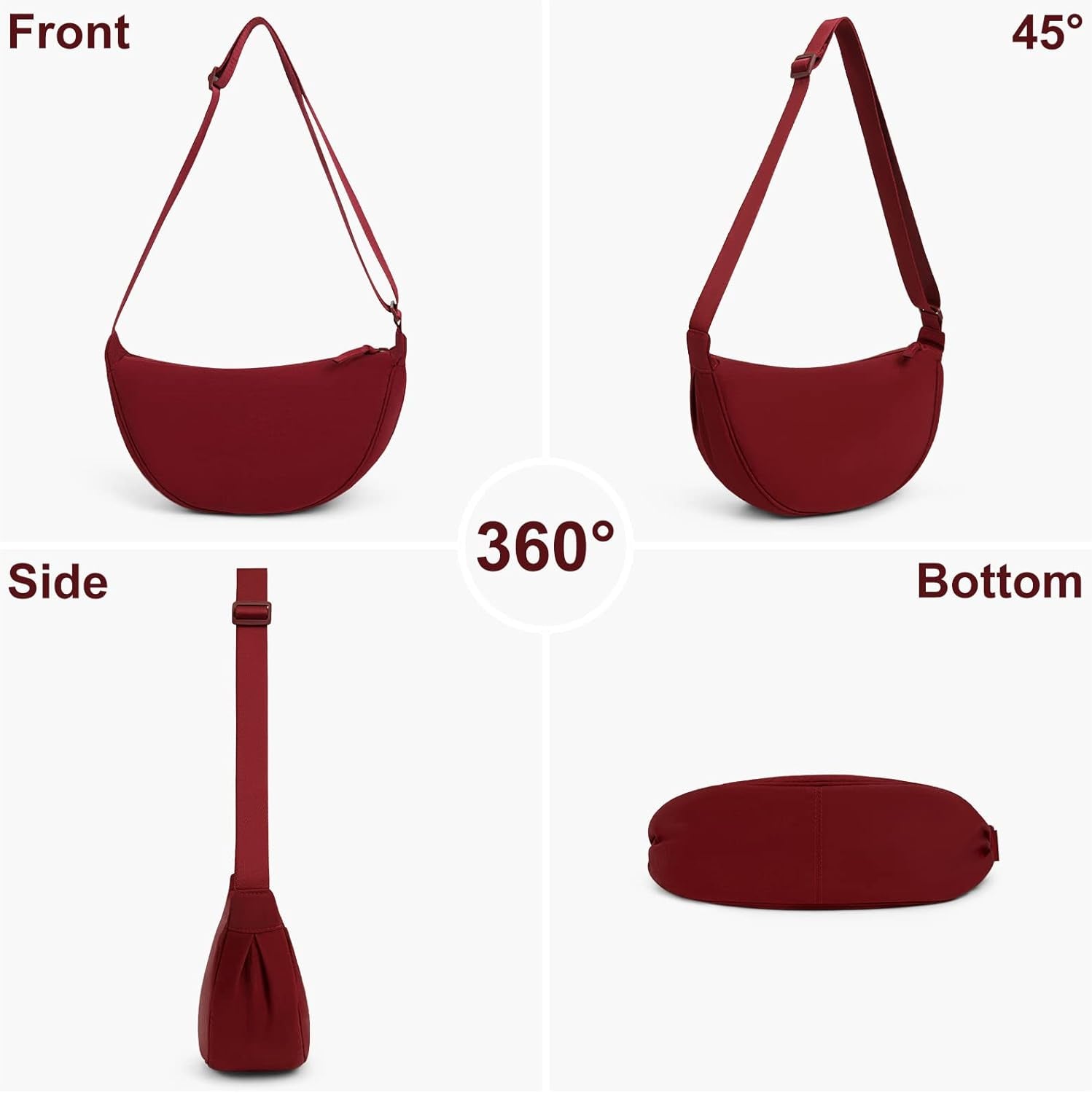 Crescent Bag for Women Men, Nylon Crescent Bags Hobos Crossbody Bag Portable Crescent Purse with Adjustable Strap Solid Color Chest Bag Shoulder Bag Fanny Packs, A07-Wine Red, 31Cm