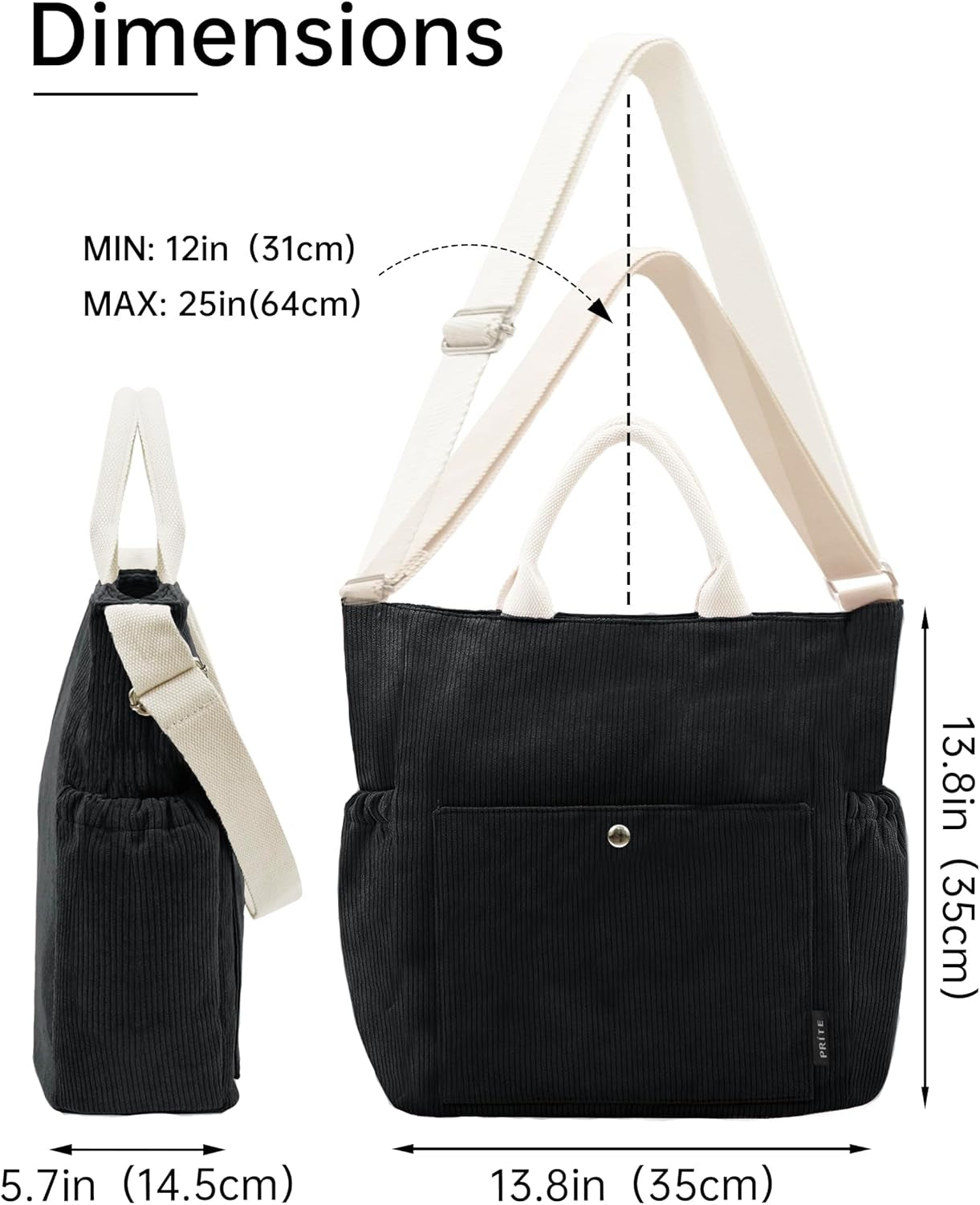 Corduroy Tote Bag for Women with Zipper, Large Capacity Shoulder Bags with Adjustable Strap and Pockets Waterproof Handbag for Work School Shopping Travel College
