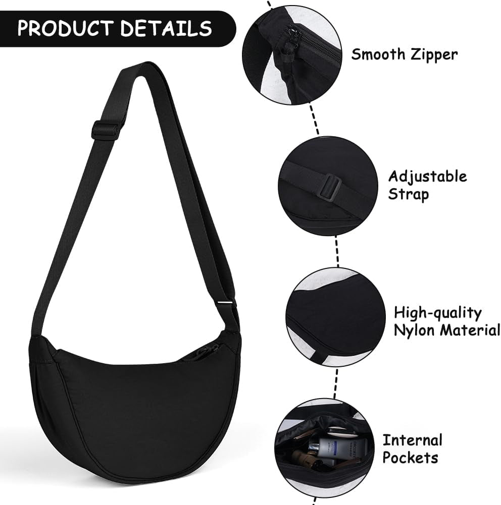 Crescent Bag, Nylon Dumpling Bag for Women, Hobos Crossbody Bag with Adjustable Strap, Women'S Casual Messenger Bag, Solid Color Chest Bag Shoulder Bag for Daily Use