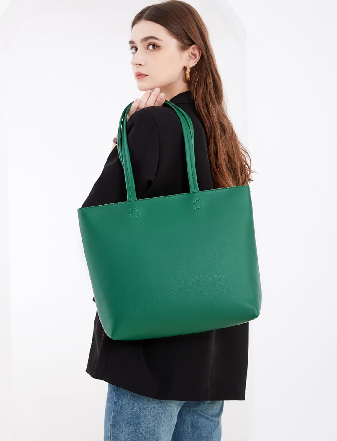 Ladies Tote Bags Simple PU Leather Handbags Work School Shopping Bags for Women with Zip and Inner Pocket