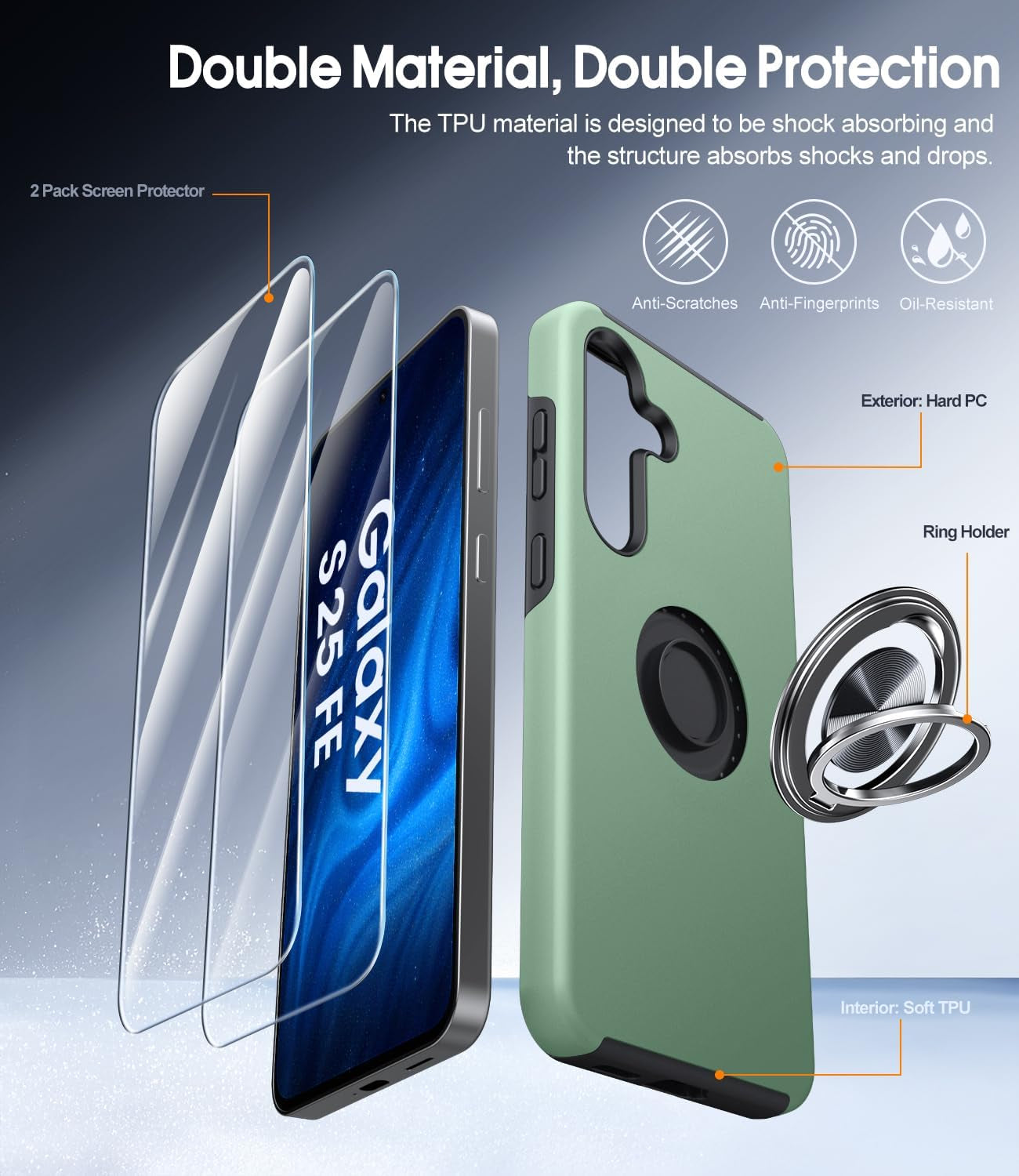 for Samsung Galaxy S25 FE Case with 2-Pack Screen Protector, 3-In-1 Set Cover, 360°Rotating Ring Stand, Military Protection, Shockproof Phone Case for Samsung S25 FE, Green