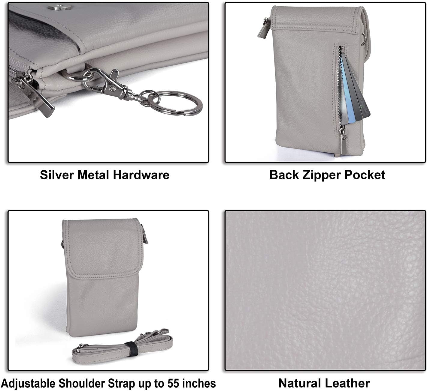 Genuine Leather Phone Bag, Real Leather Phone Purse Wallet, Small Cell Phone Crossbody Bag for Women with Long Strap and Key Ring - Fit 8 plus or Phone Less 6.5 Inch