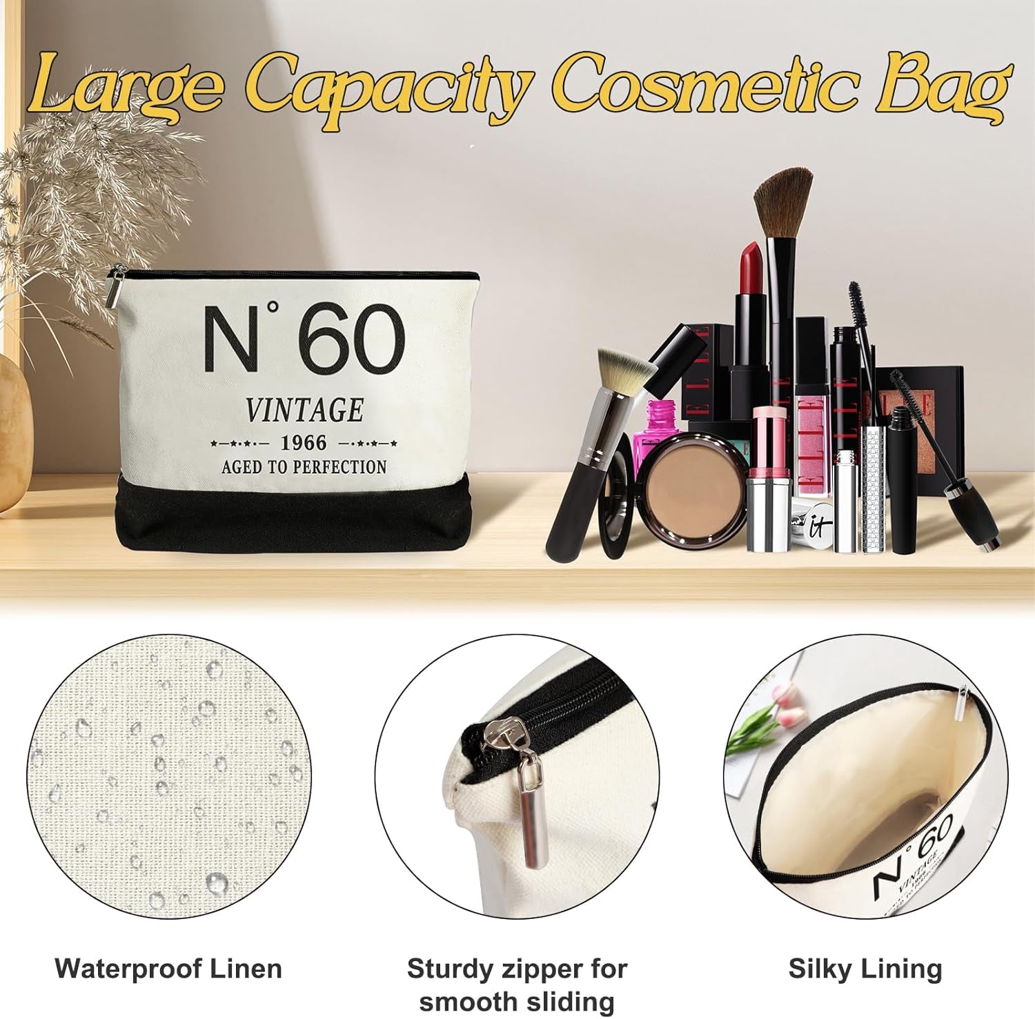 60Th Birthday Gifts for Women Canvas Tote Bag Travel Gear, Unique 60 Years Old Gifts for Wife Sister Mum Aunt Friends Her, Vintage N°60 Handbag & Cosmetic Bag & Back in 1966 Poster