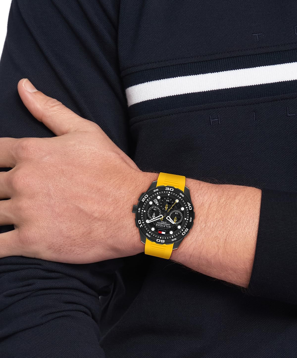 Tommy Hilfiger Chronograph Quartz Watch with Calendar for Men with Silicone Bracelet – Available in White, Blue, Black, Orange or Yellow