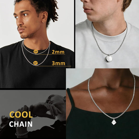 2/3Mm Silver Box/Wheat Stainless Steel Chain for Men, Fade-Proof and Durable Mens Silver Chain Neckalce Ideal Pendants Choice Jewellery Gift 18/20/22/24 Inch