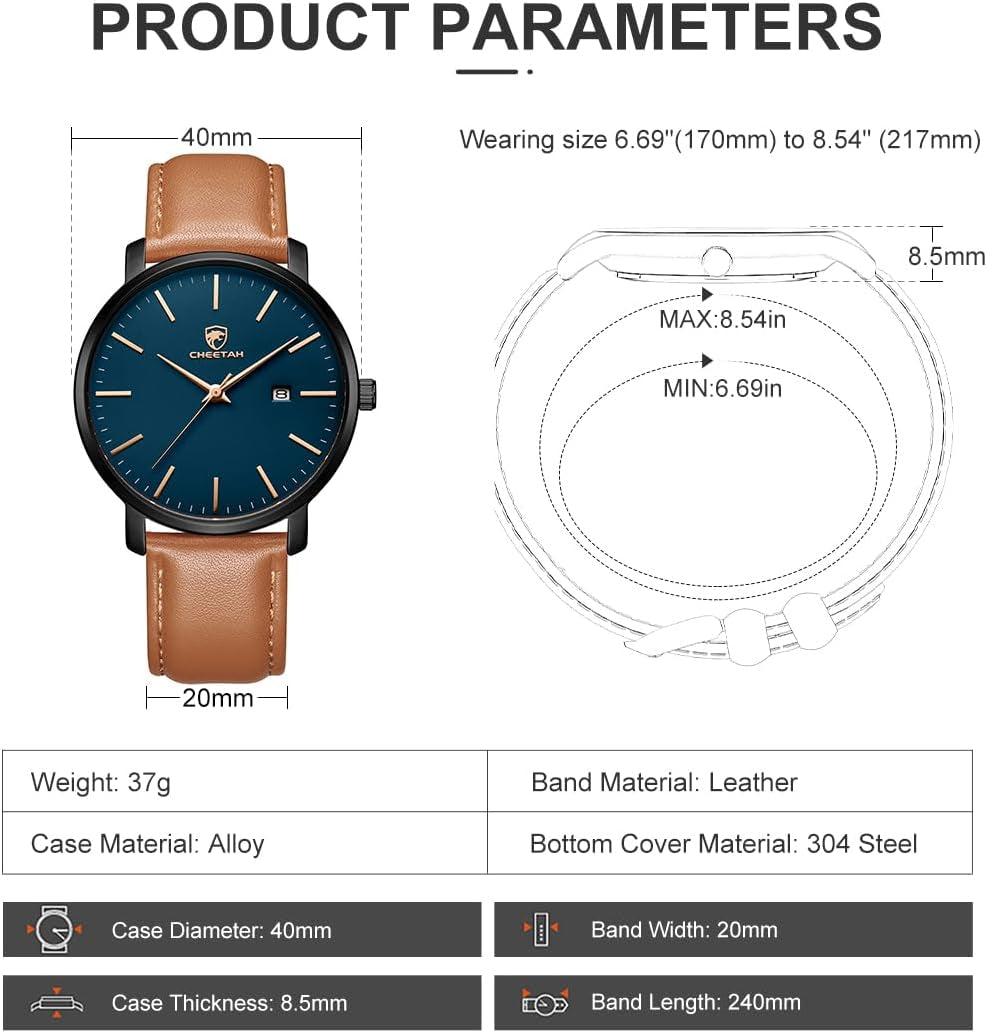 Minimalist Mens Watches, Analog Quartz Waterproof Fashion Watch for Men with Leather Strap, Auto Date Sports Man Wrist Watch