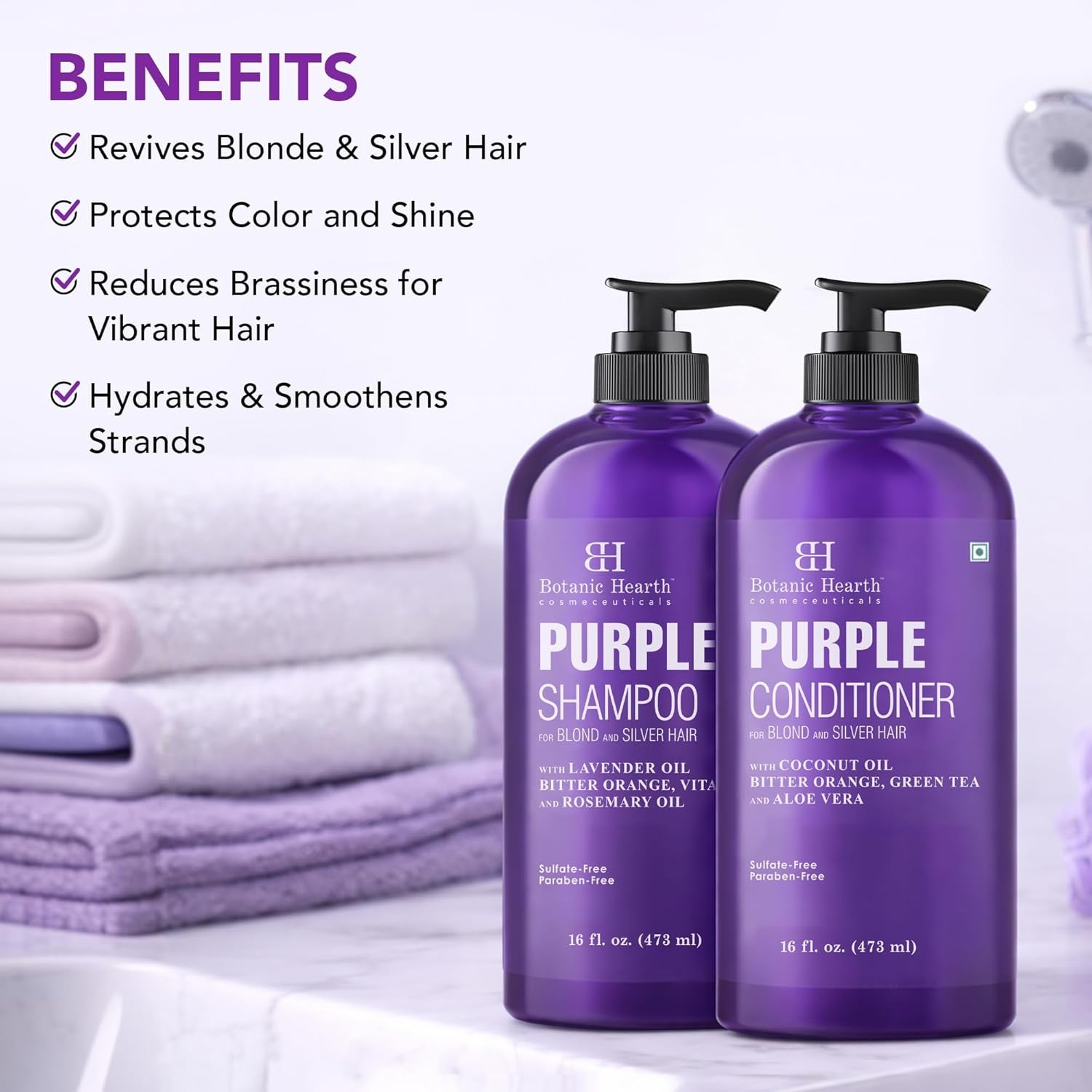 2 X 16 Fl Oz (473 Ml) Lavender Purple Shampoo & Conditioner Set for Blonde, Silver & Grey Hair – Anti-Brass Toning Care, Enhances Highlights, Sulphate & Paraben Free
