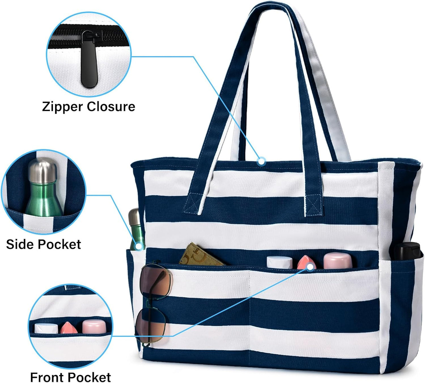 Large Beach Bag with 8 Pockets, Waterproof Beach Bags for Women, Sandproof Summer Beach Tote Bag Holiday Essentials Shopping Bag Travel Bag Handbags for Pool Gym