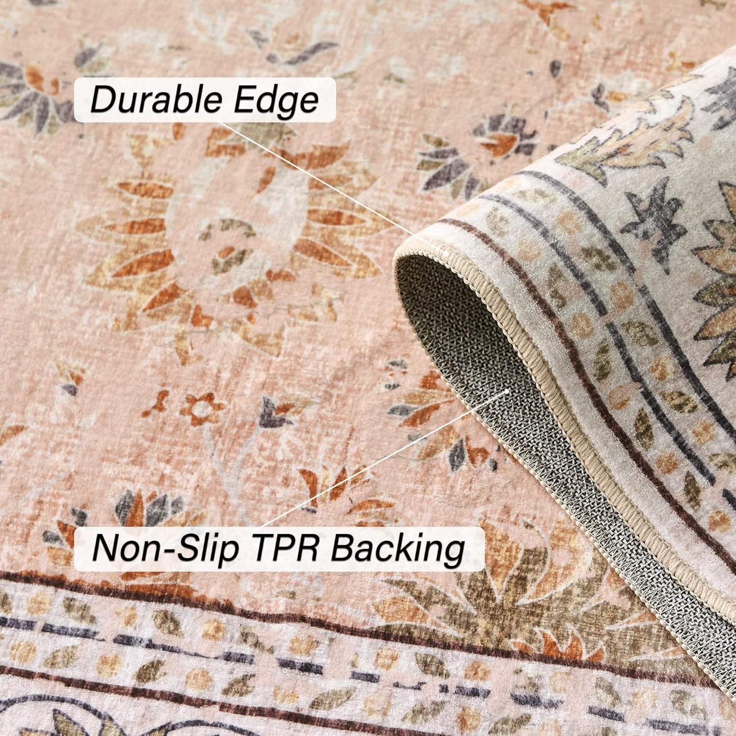 Machine Washable Rug Vintage Area Rug for Living Room Non-Slip Traditional Rug Carpet for Office Kitchen Dining Blush 120X170Cm