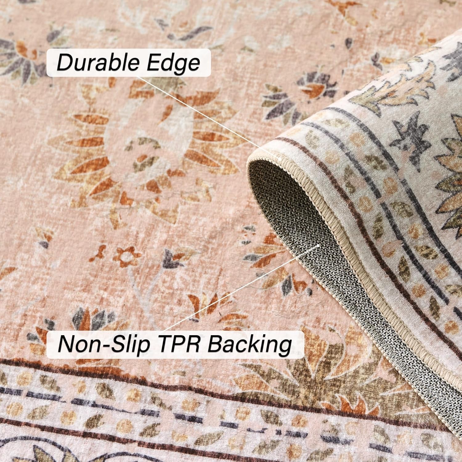 Machine Washable Rug Vintage Area Rug for Living Room Non-Slip Traditional Rug Carpet for Office Kitchen Dining Blush 120X170Cm