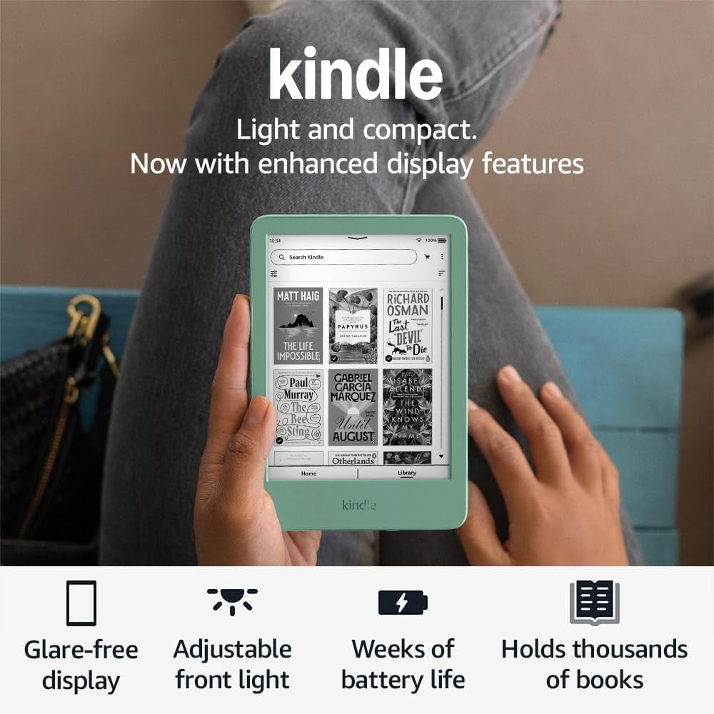 Kindle (Newest Gen) – Lightest and Most Compact Kindle with Glare-Free Display, Faster Page Turns, Adjustable Front Light and Long Battery Life – 16 GB – with Ads – Matcha