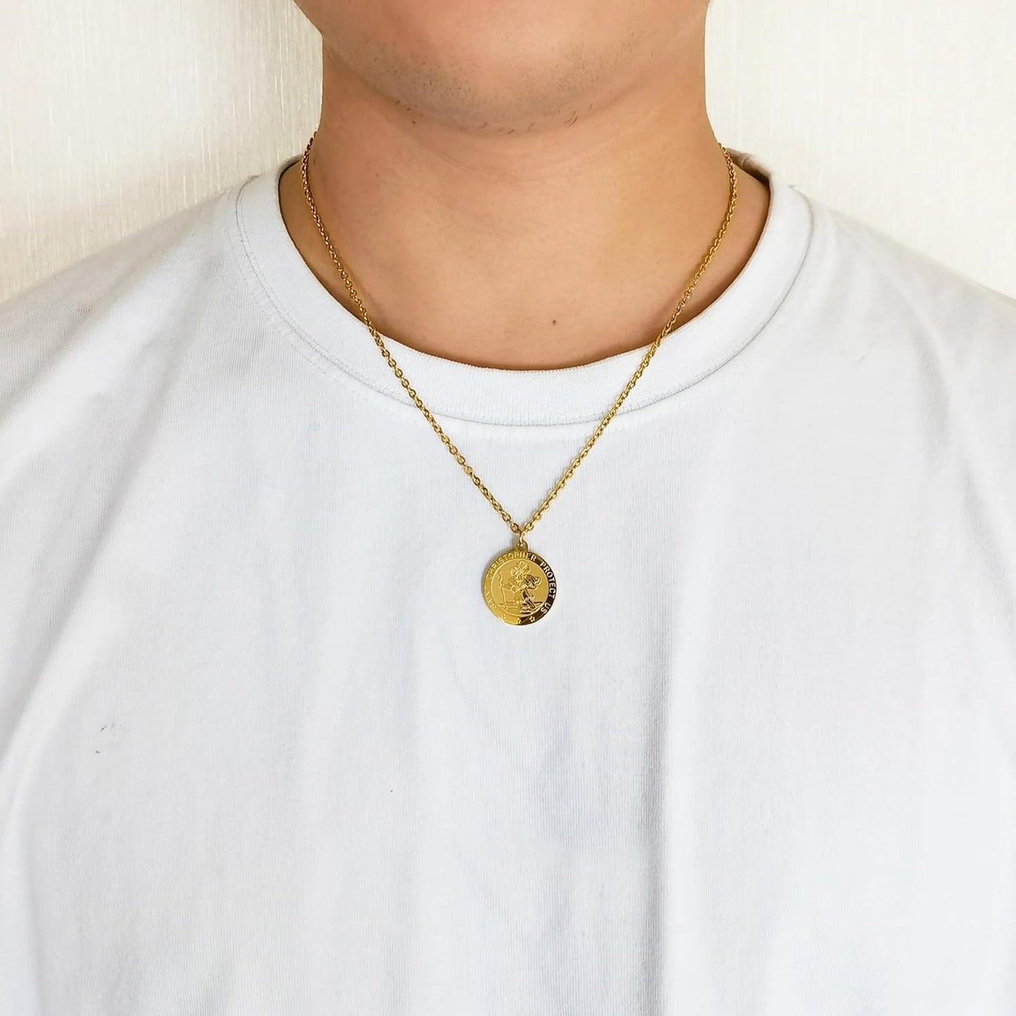 Men'S 18K Gold Plated Stainless Steel St Christopher Necklace