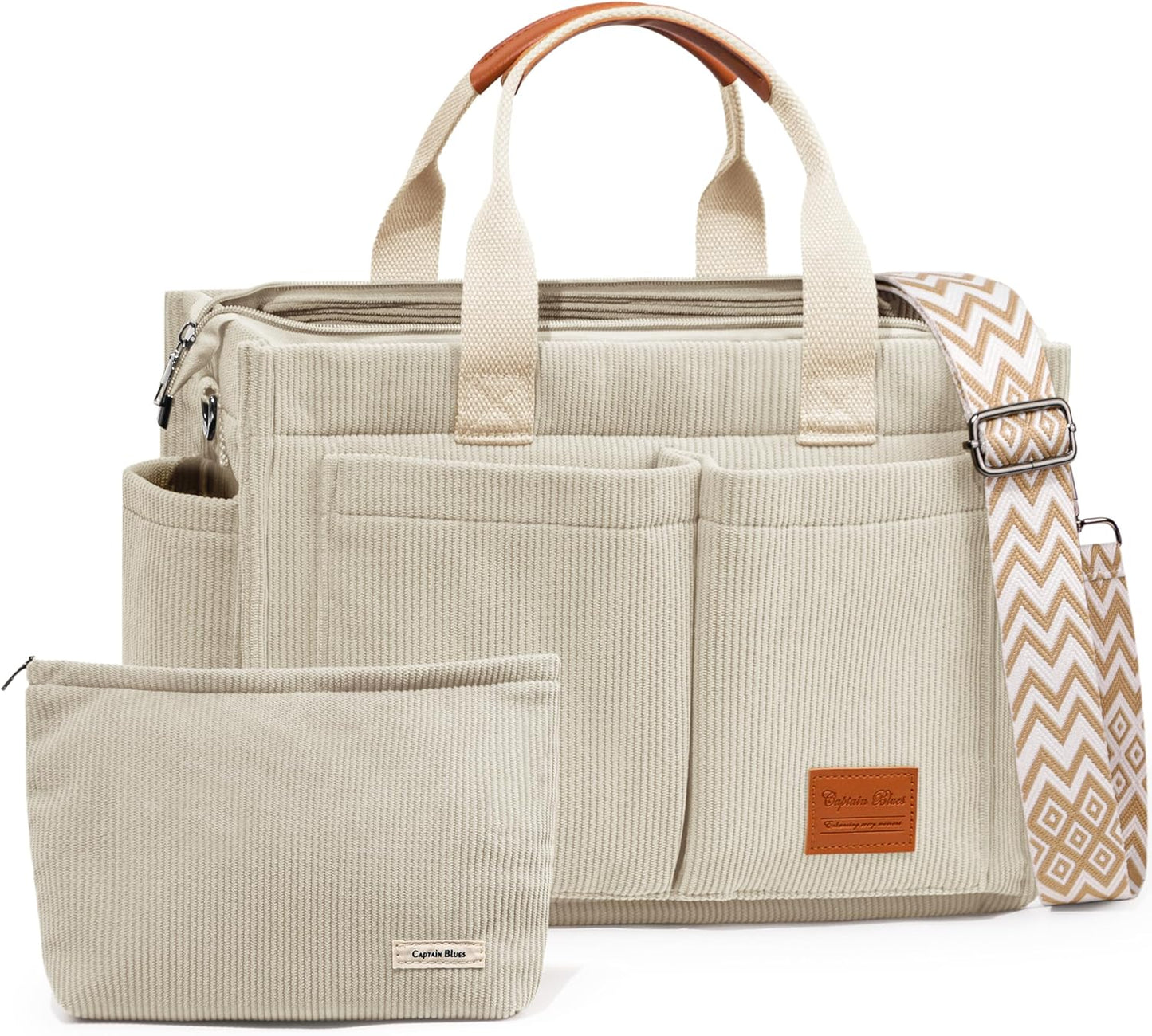 Corduroy Tote Bags for Women with Zipper, Large Capacity Work Bags Shoulder for School, Travel, College, Teacher with Adjustable Strap & Pockets