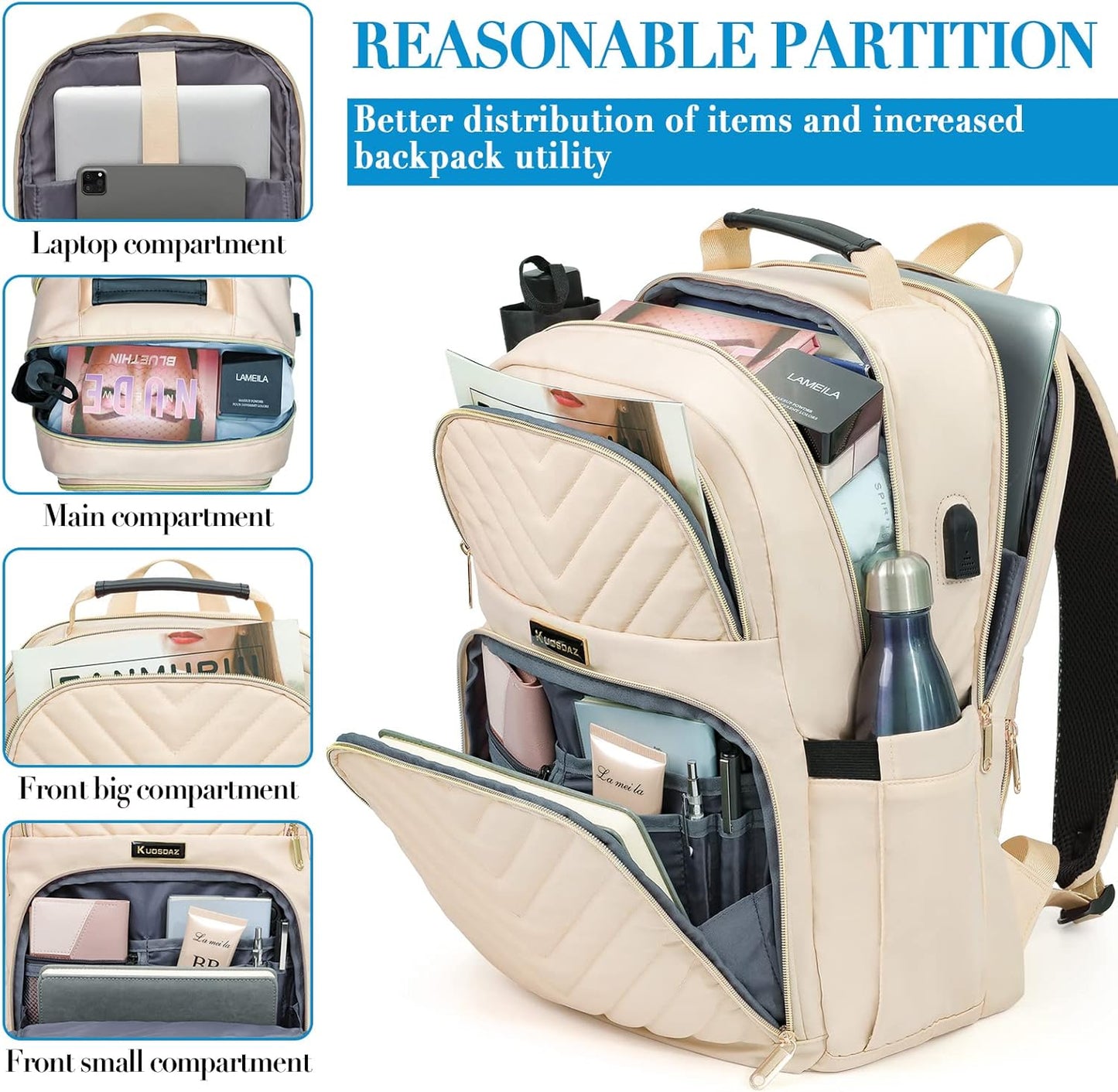 Women'S Backpack, 15.6 Inch School Backpack for Girls, Teenagers with Charging Port, Laptop Backpack, Stylish Daypack, Waterproof for School, University, Travel, Work, 30 L, Beige