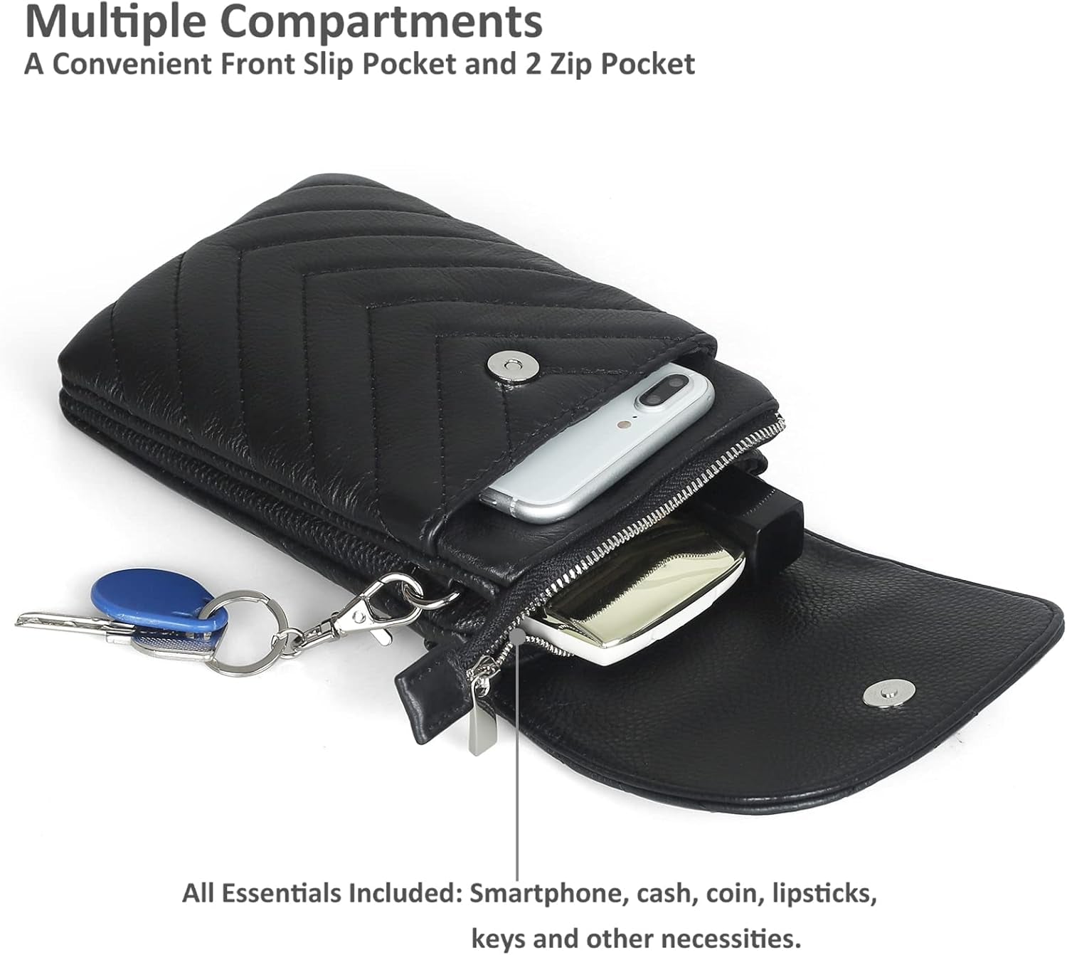 Genuine Leather Phone Bag, Real Leather Phone Purse - Small Cross Body Bag for Women with Long Strap and Key Ring - Fit 8 plus or Less 6.5 Inch