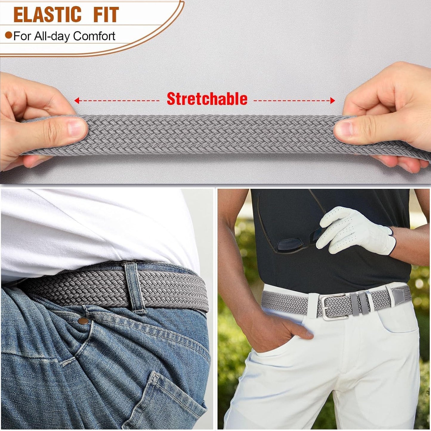 Mens Belt Elastic Belts for Men Stretch Braided Fabric Belts Casual Black Woven Golf Belt for Jeans