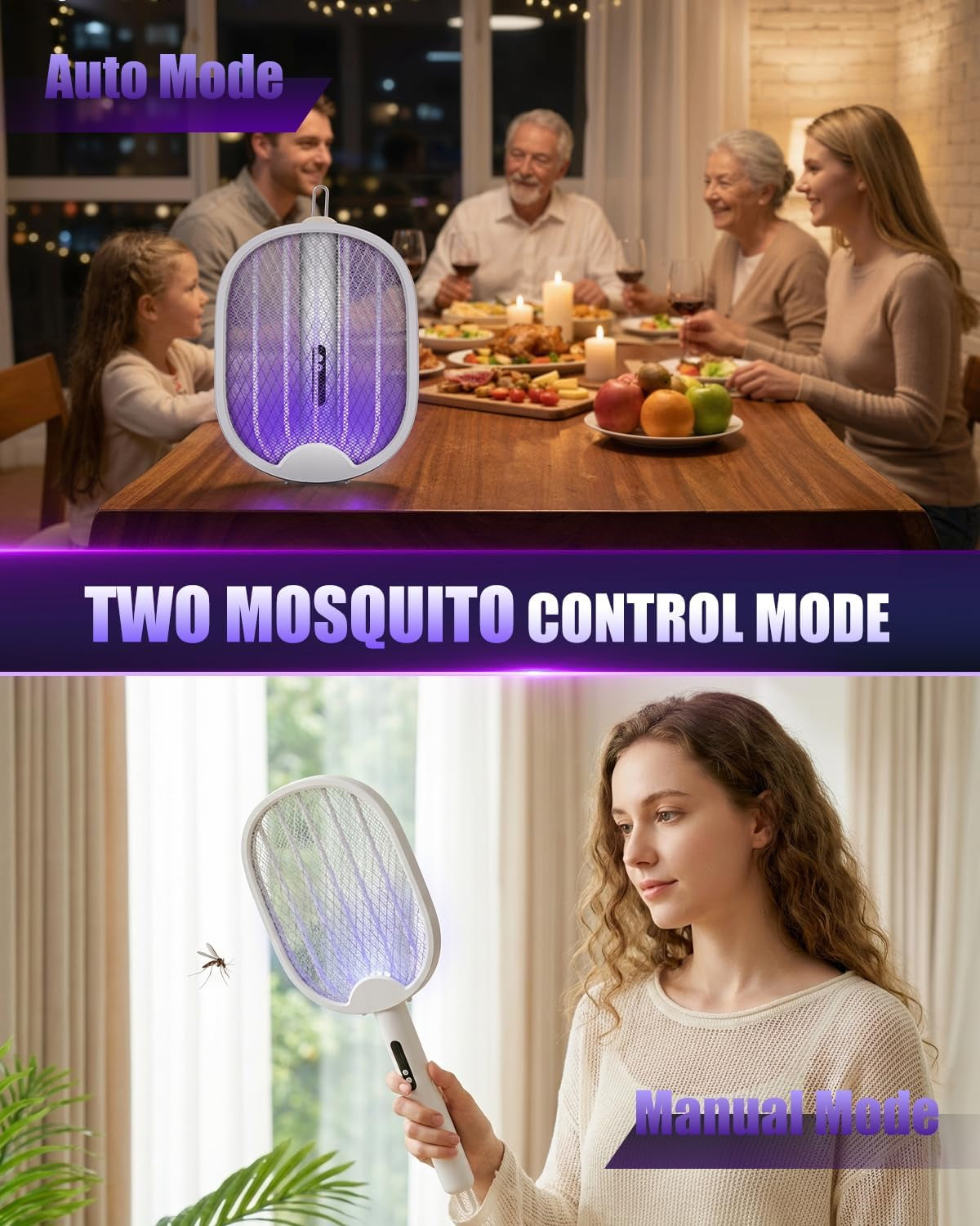 Fly Zapper, Foldable Electric Mosquito Swatter 4000V, 1800Mah Rechargeable Bug Zapper Racket with Auto & Manual Mode, 180° Portable Mosquito Killer, Safe 3-Layer Mesh for Indoor & Outdoor Use