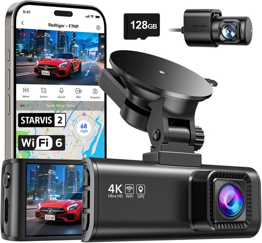 4K Dash Cam Front and Rear, Fastest 5.8Ghz Wi-Fi6 Dashcam with 128GB SD Card, STARVIS 2 Ultra Night Vision Dash Camera, 3.18” Screen, 170°Wide Angle, 24H Parking Mode, Max 512GB(F7NP)
