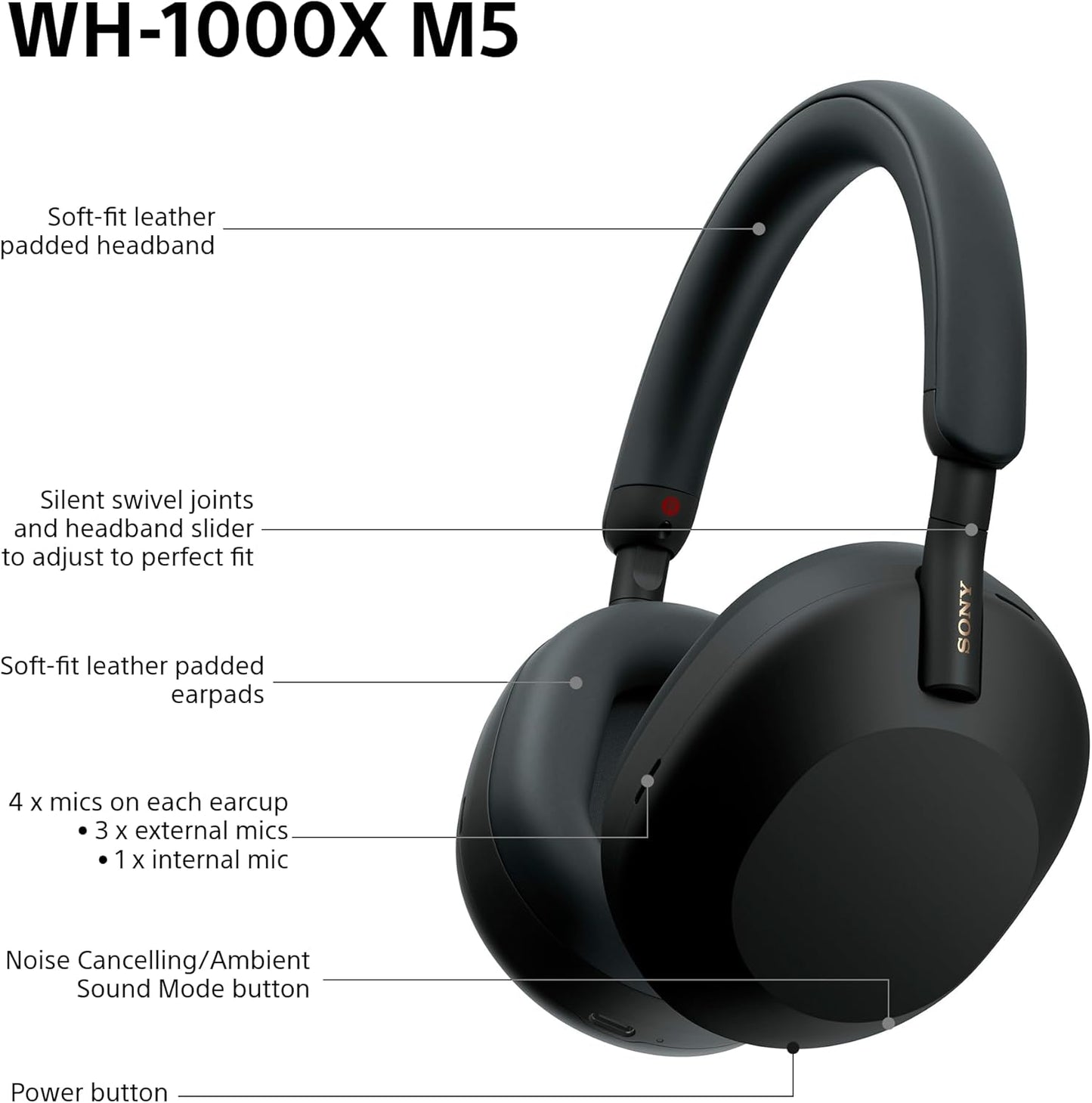 WH-1000XM5 Hard Case Premium Noise Cancelling Wireless Over-Ear Headphones, Bluetooth, Clear Call Quality, Hi-Res Audio, up to 30Hr Battery Life, Includes Hard Case, Ios & Android - Black