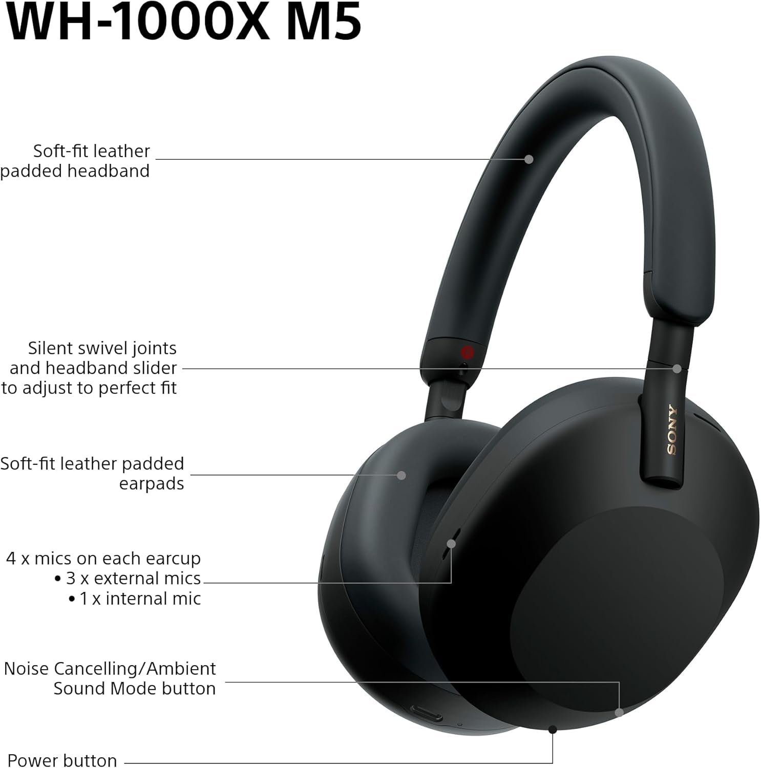 WH-1000XM5 Hard Case Premium Noise Cancelling Wireless Over-Ear Headphones, Bluetooth, Clear Call Quality, Hi-Res Audio, up to 30Hr Battery Life, Includes Hard Case, Ios & Android - Black