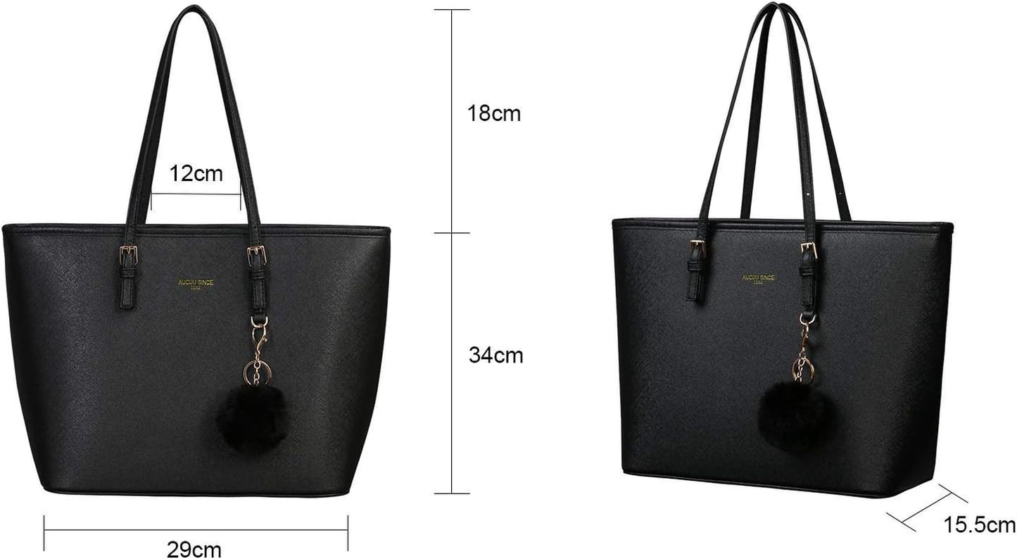 Women Handbag Tote Bag, 15.6 Inch PU Leather Shoulder Bag Laptop Bags with Adjustable Handle, Lightweight Stylish Designer Large Black Handbags for School Work Travel
