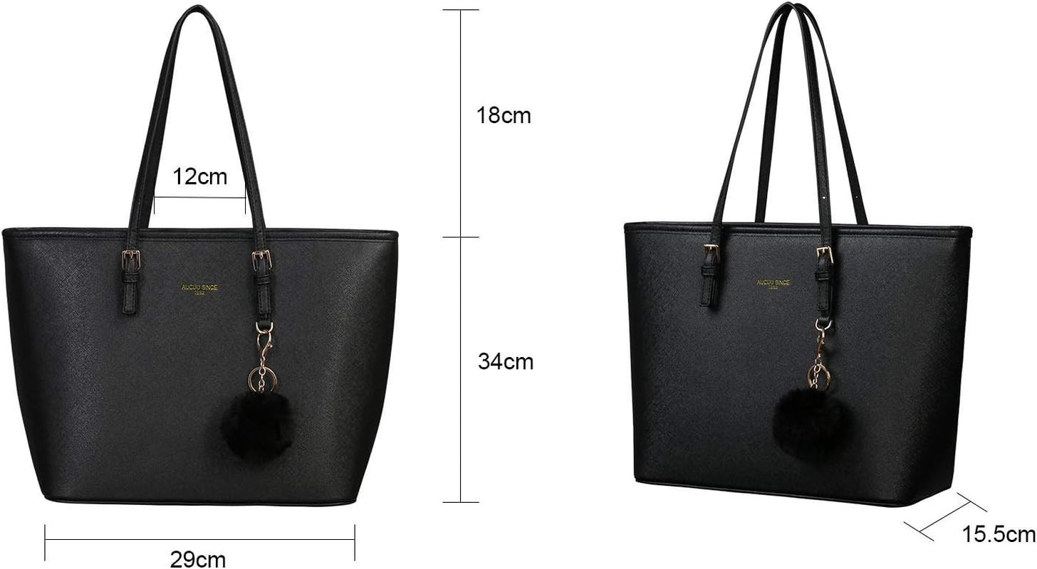 Women Handbag Tote Bag, 15.6 Inch PU Leather Shoulder Bag Laptop Bags with Adjustable Handle, Lightweight Stylish Designer Large Black Handbags for School Work Travel