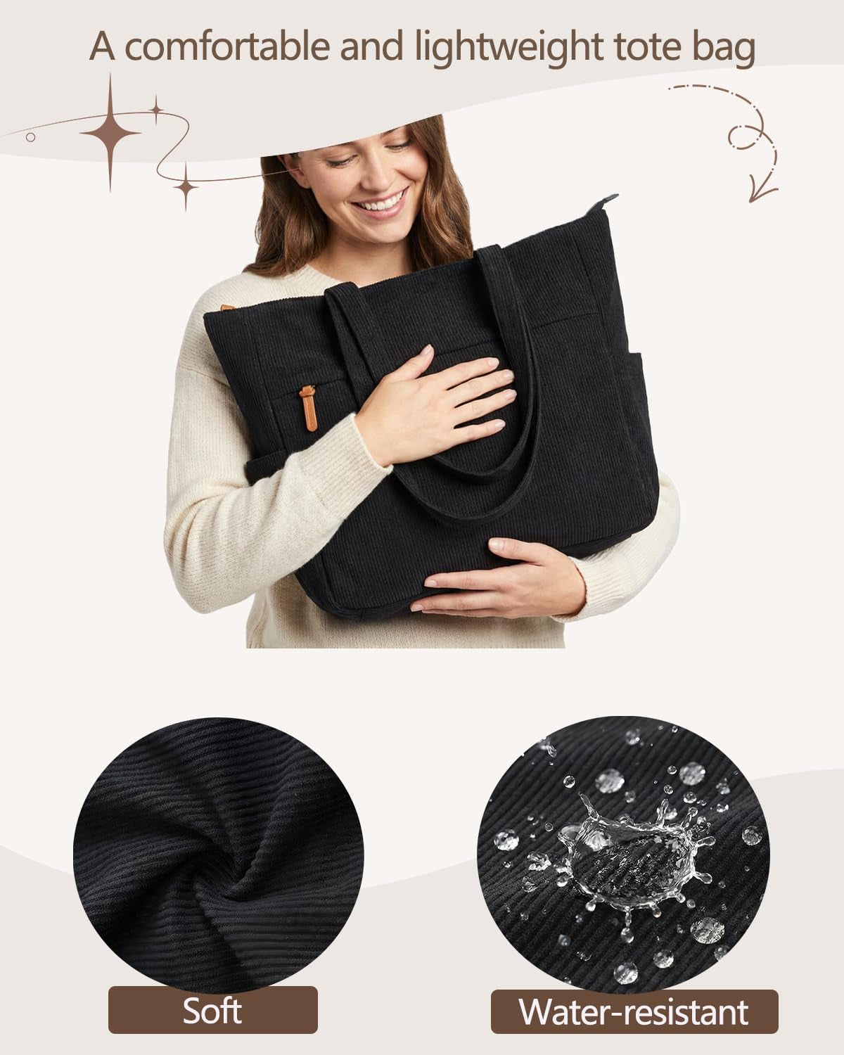 Corduroy Tote Bags for Women Large Tote Bag with Zipper Shoulder Bags Handbags for College School Work Shopping Travel