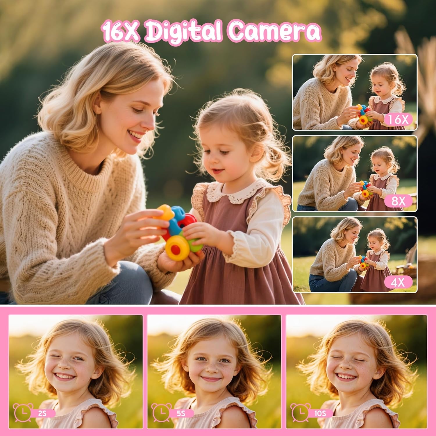 Digital Camera 1080P 44MP Vlogging Camera for Kids Teens, FHD Compact Portable Photo Camera with 2.4" Screen 16X Zoom, Anti-Shake Mini Camera for Beginners Students Boys Girls-Pink（No SD Card)