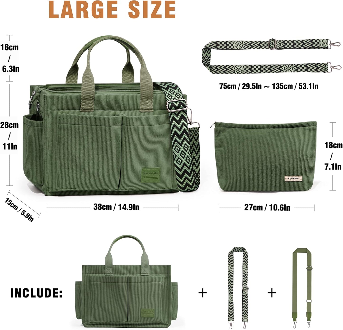 Corduroy Tote Bags for Women with Zipper, Large Capacity Work Bags Shoulder for School, Travel, College, Teacher with Adjustable Strap & Pockets