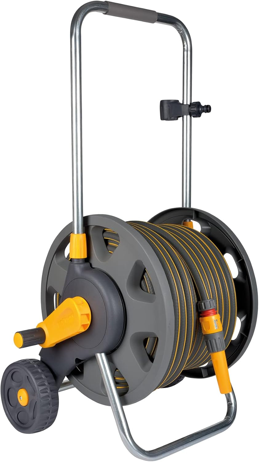 - Cart plus 50M of Ultramax Hose (12.5 Mm): Max Capacity 60M, Rewind Handle, Sturdy Frame for General Use, Supplied Assembled, Nozzle and Fittings Included, Grey