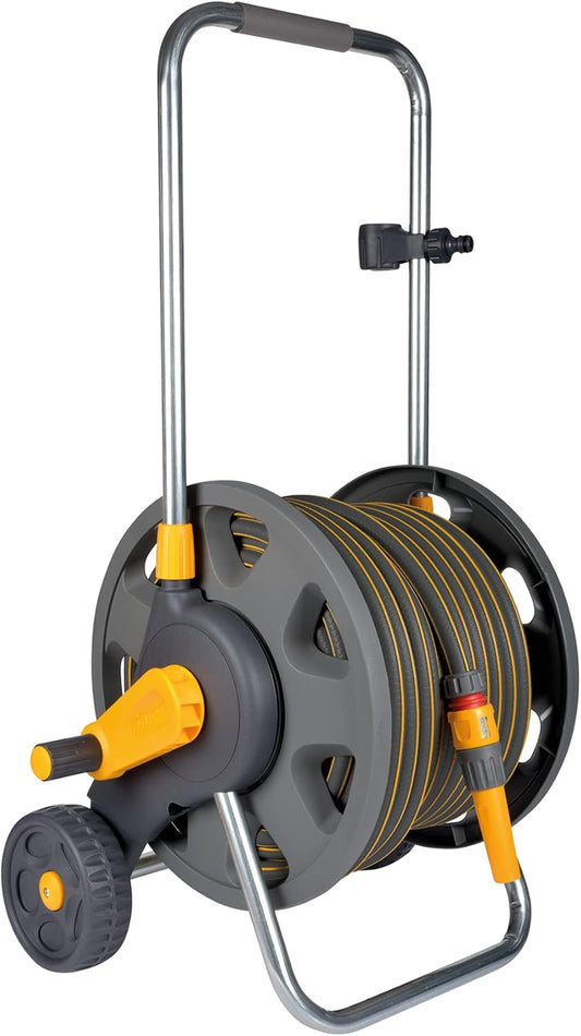 - Cart plus 50M of Ultramax Hose (12.5 Mm): Max Capacity 60M, Rewind Handle, Sturdy Frame for General Use, Supplied Assembled, Nozzle and Fittings Included, Grey