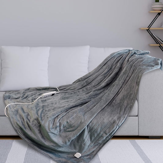 Grey Soft Heated Warm Throw over Blanket with Timer and 10 Heat Settings 120X160Cm