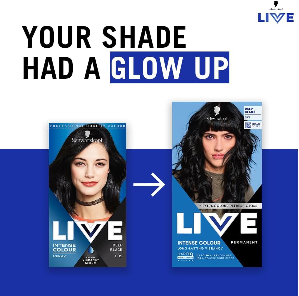 Schwarzkopf  Intense Colour 099 Deep Black, Long-Lasting Permanent Black Hair Dye, with Extra Colour Refresh Gloss
