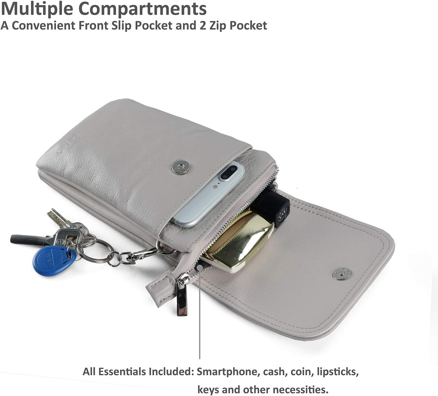 Genuine Leather Phone Bag, Real Leather Phone Purse Wallet, Small Cell Phone Crossbody Bag for Women with Long Strap and Key Ring - Fit 8 plus or Phone Less 6.5 Inch