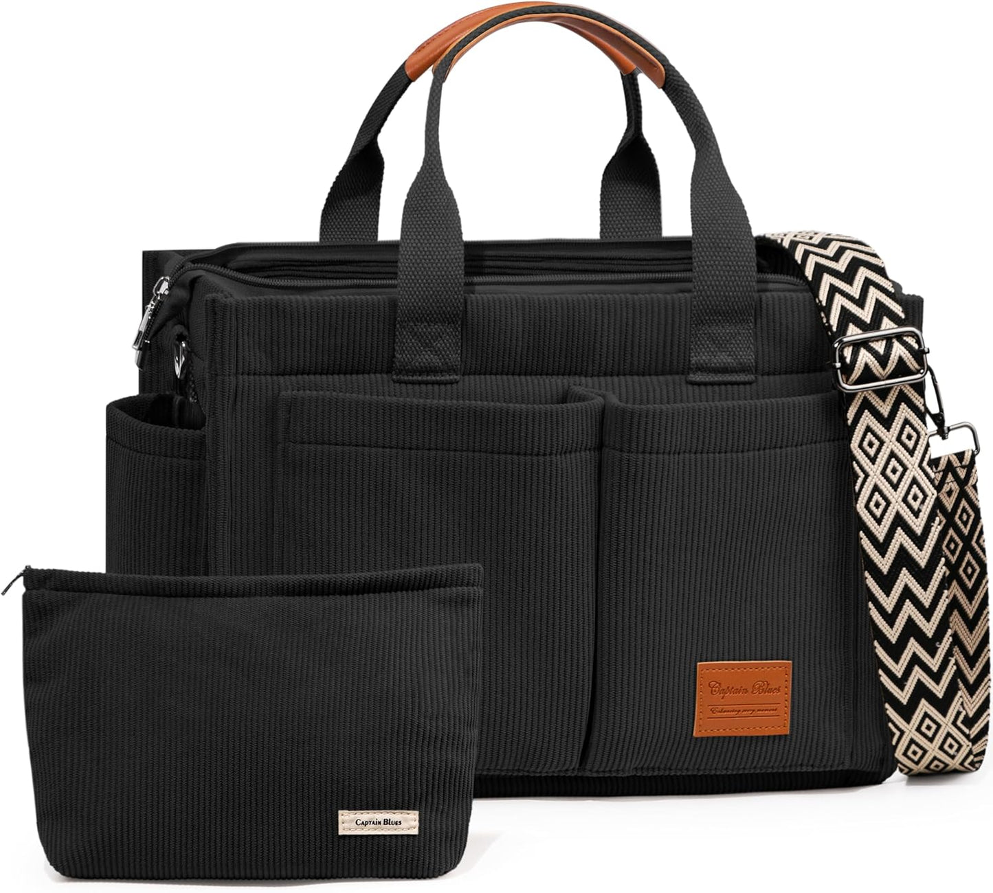 Corduroy Tote Bags for Women with Zipper, Large Capacity Work Bags Shoulder for School, Travel, College, Teacher with Adjustable Strap & Pockets