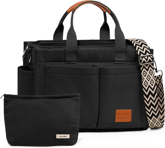 Corduroy Tote Bags for Women with Zipper, Large Capacity Work Bags Shoulder for School, Travel, College, Teacher with Adjustable Strap & Pockets