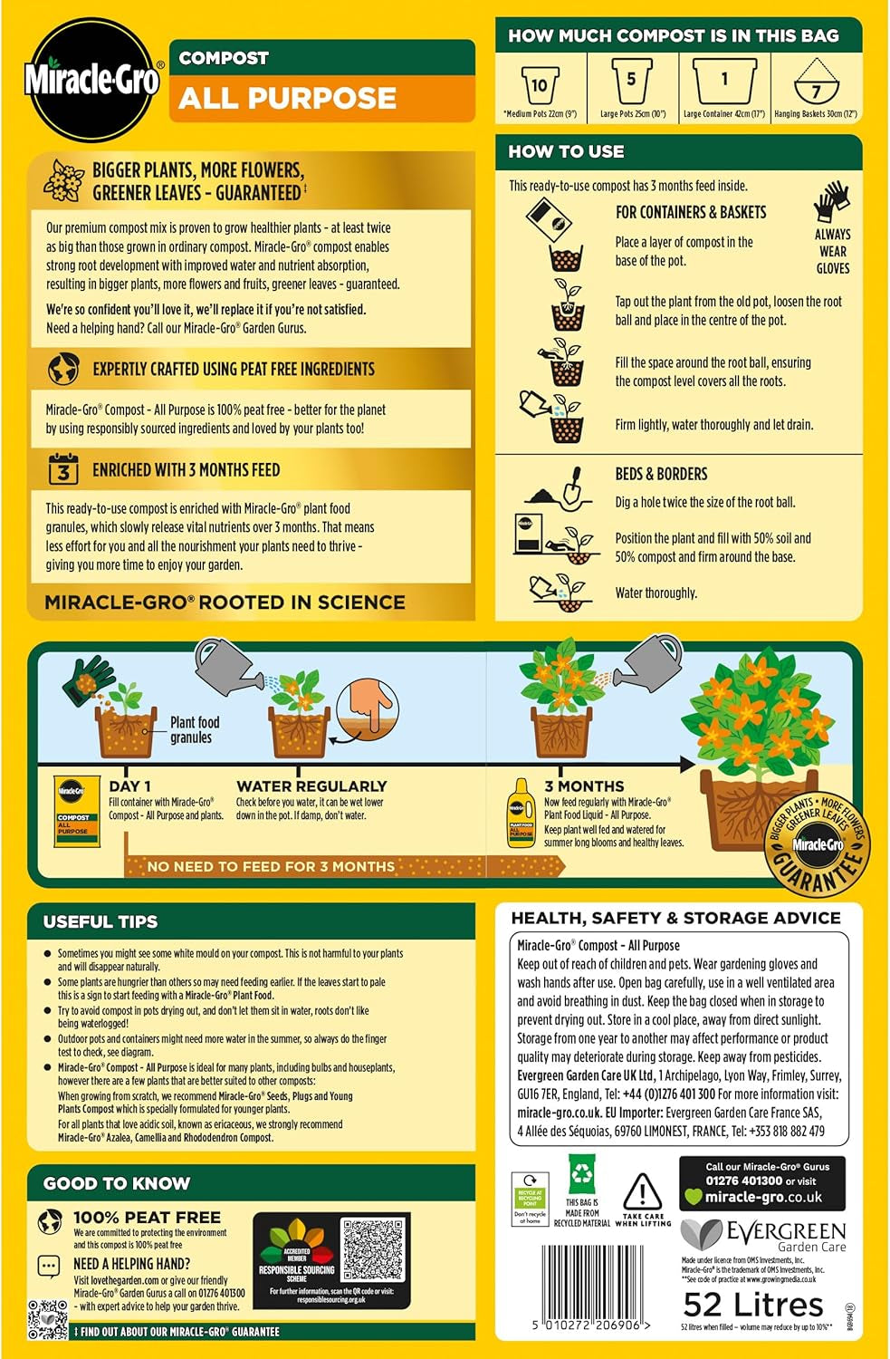 Peat-Free Premium All Purpose Compost 52L, Multi-Purpose Garden Soil Mix for Pots, Containers, Hanging Baskets & Outdoor Plants