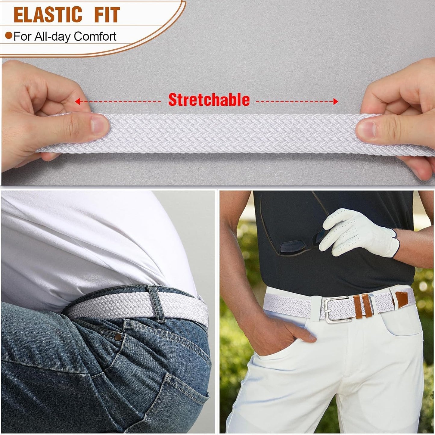 Mens Belt Elastic Belts for Men Stretch Braided Fabric Belts Casual Black Woven Golf Belt for Jeans