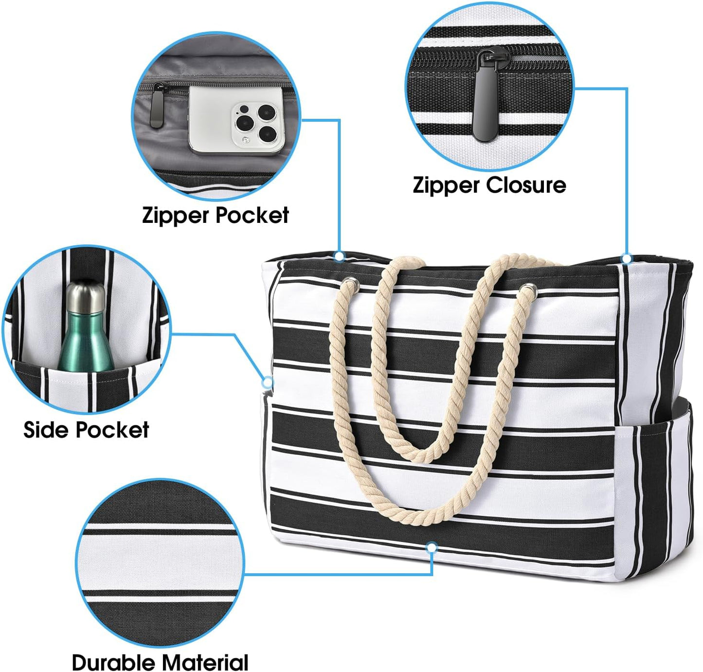 Beach Bag Large Waterproof Beach Tote Bags with Zip and Rope Handle Summer Holiday Essentials Shoulder Handbags for Travel Shopping Pool Gym Picnic